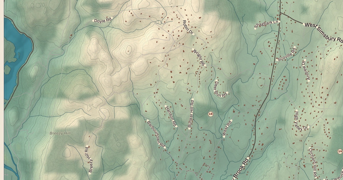 Detailed close-up of the KNOWOL map of Canton, Connecticut