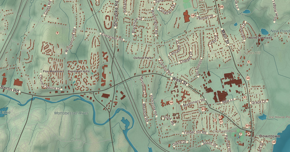 Detailed close-up of the KNOWOL map of Cromwell, Connecticut