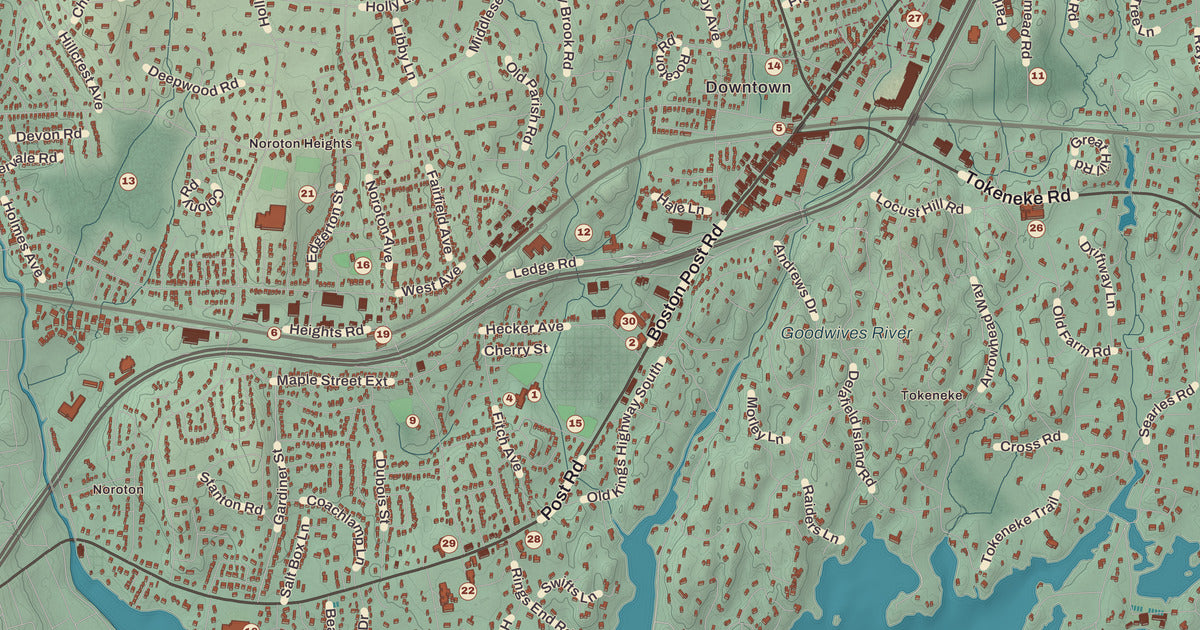 Detailed close-up of the KNOWOL map of Darien, Connecticut