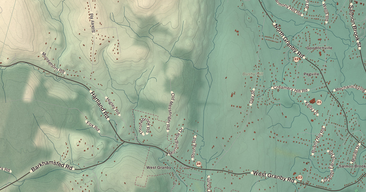Detailed close-up of the KNOWOL map of Granby, Connecticut