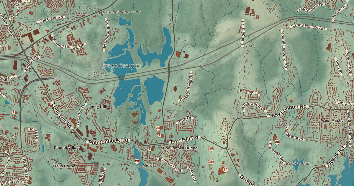 Detailed close-up of the KNOWOL map of Groton, Connecticut