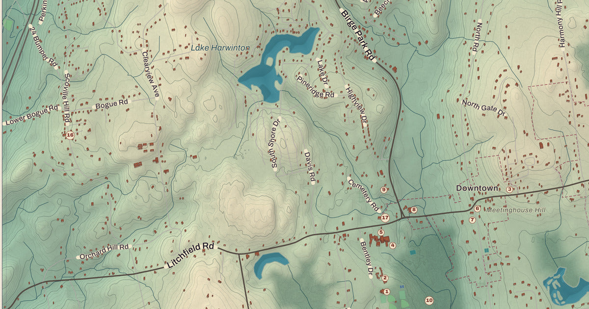 Detailed close-up of the KNOWOL map of Harwinton, Connecticut