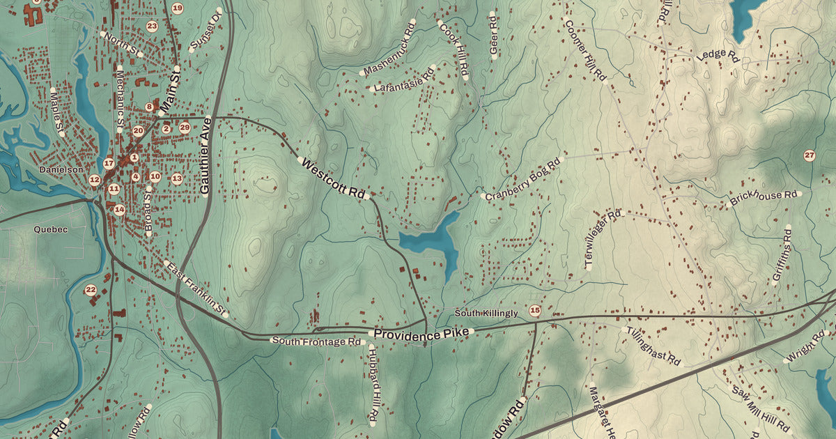 Detailed close-up of the KNOWOL map of Killingly, Connecticut