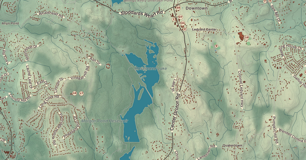 Detailed close-up of the KNOWOL map of Ledyard, Connecticut