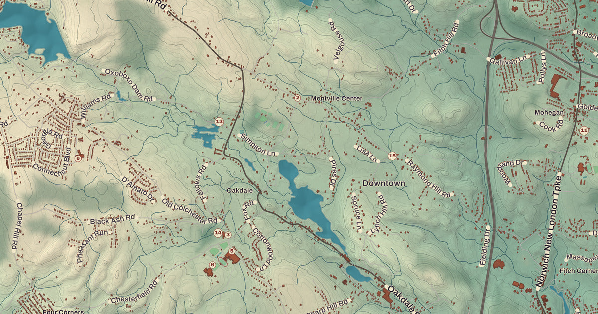 Detailed close-up of the KNOWOL map of Montville, Connecticut
