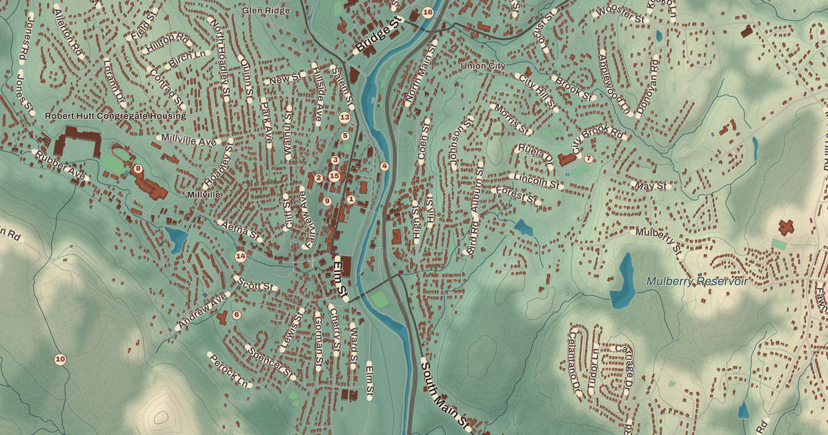 Detailed close-up of the KNOWOL map of Naugatuck, Connecticut