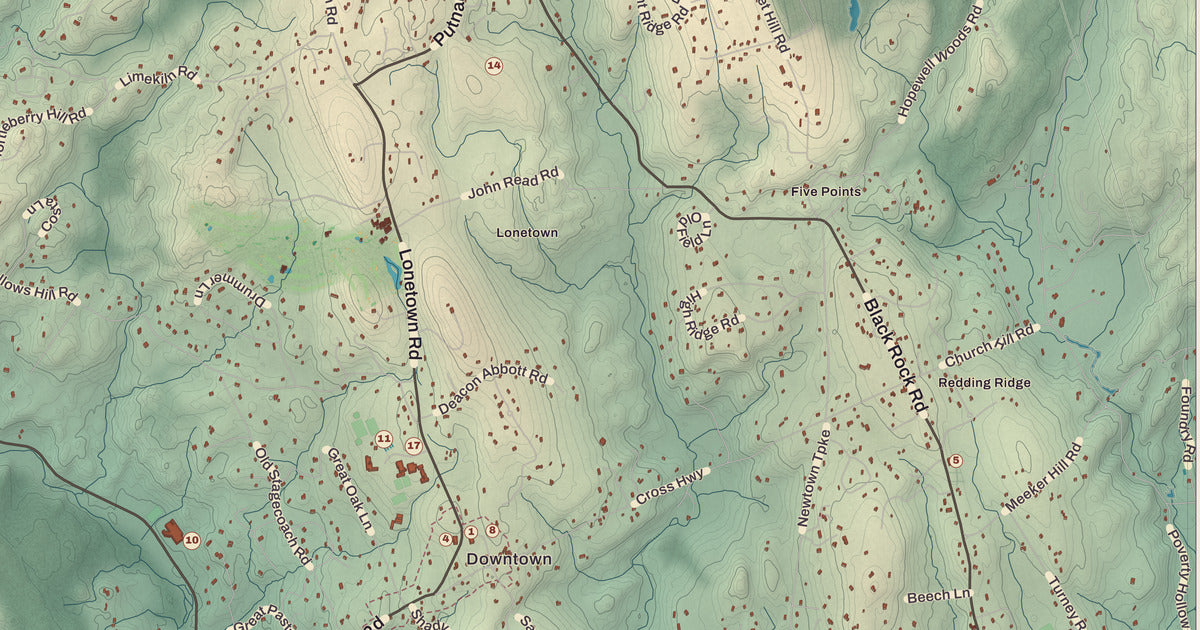 Detailed close-up of the KNOWOL map of Redding, Connecticut