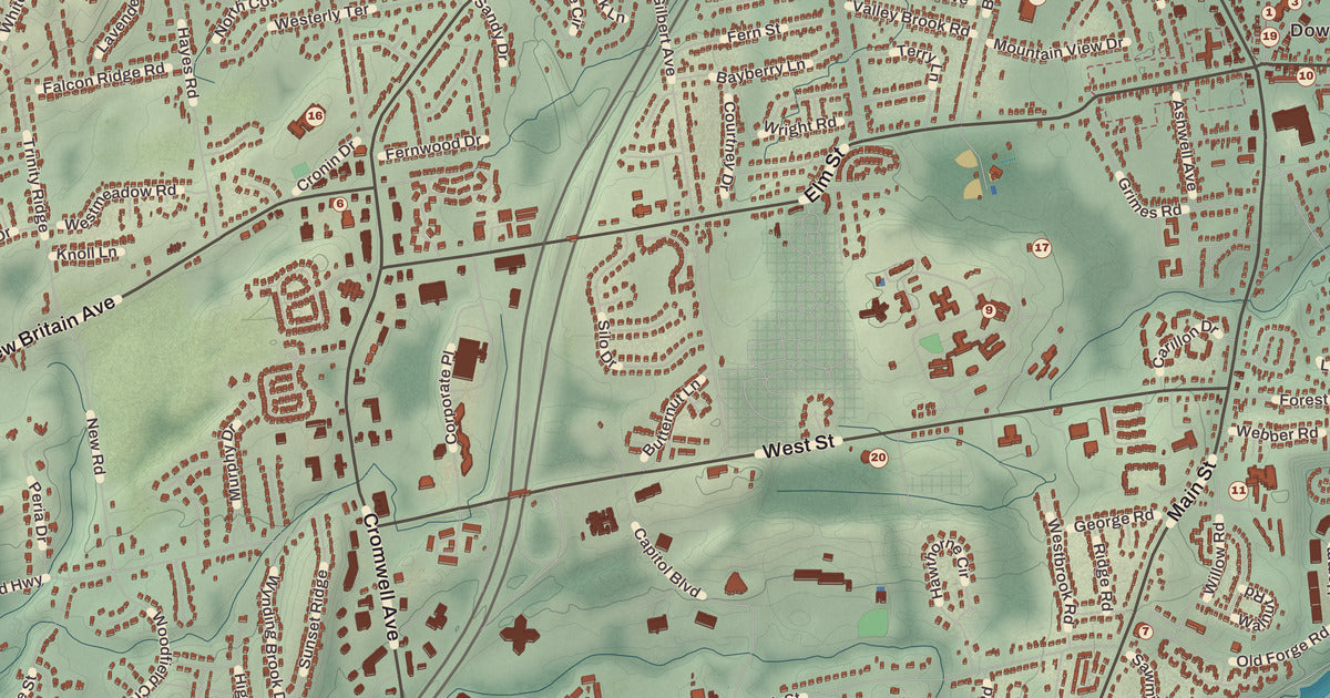 Detailed close-up of the KNOWOL map of Rocky Hill, Connecticut
