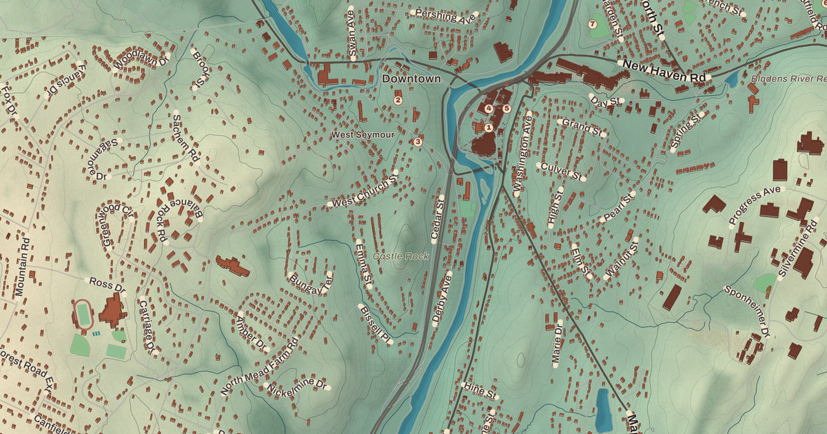 Detailed close-up of the KNOWOL map of Seymour, Connecticut