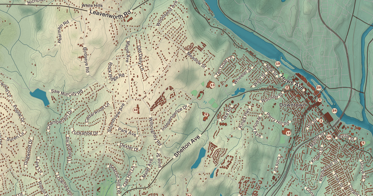 Detailed close-up of the KNOWOL map of Shelton, Connecticut