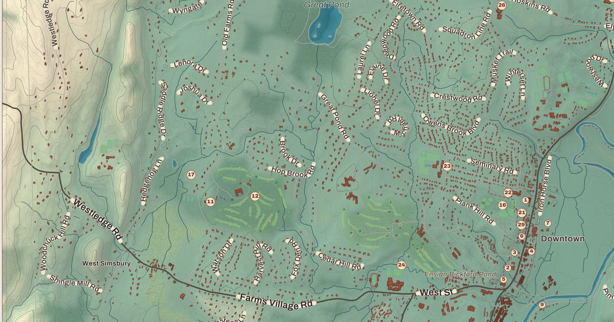 Detailed close-up of the KNOWOL map of Simsbury, Connecticut