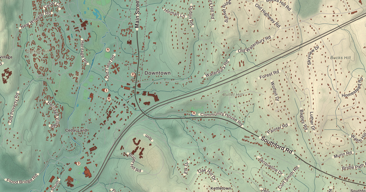 Detailed close-up of the KNOWOL map of Southbury, Connecticut