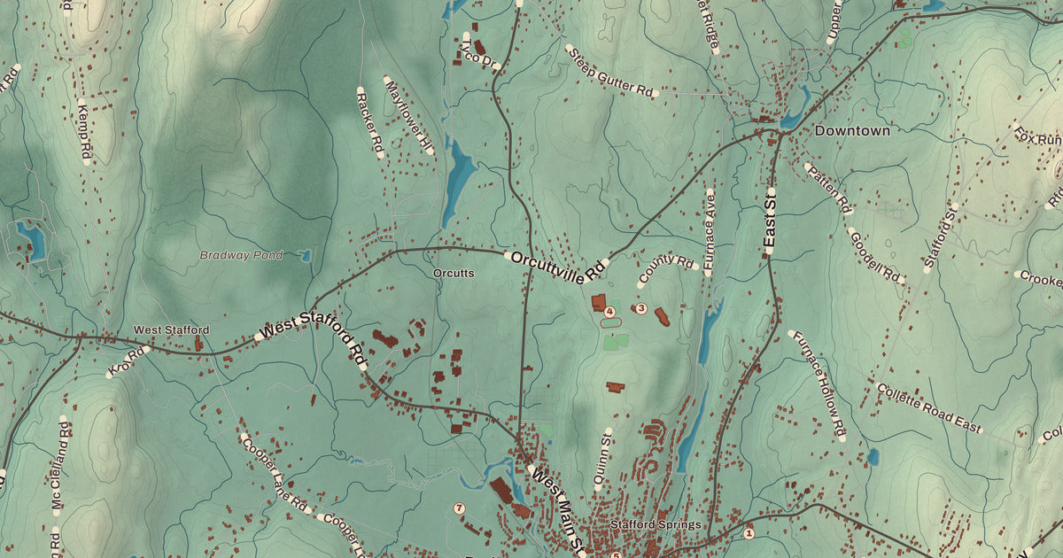 Detailed close-up of the KNOWOL map of Stafford, Connecticut