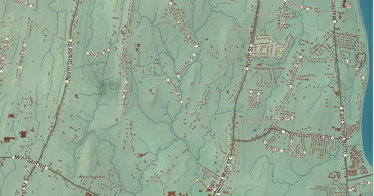 Detailed close-up of the KNOWOL map of Suffield, Connecticut