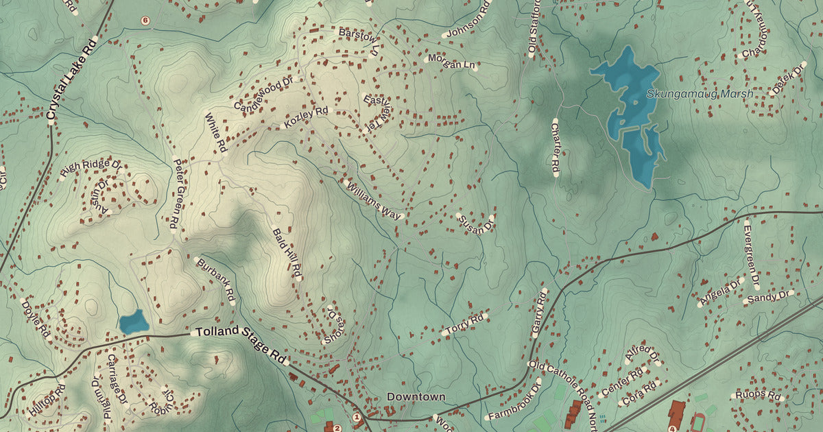 Detailed close-up of the KNOWOL map of Tolland, Connecticut