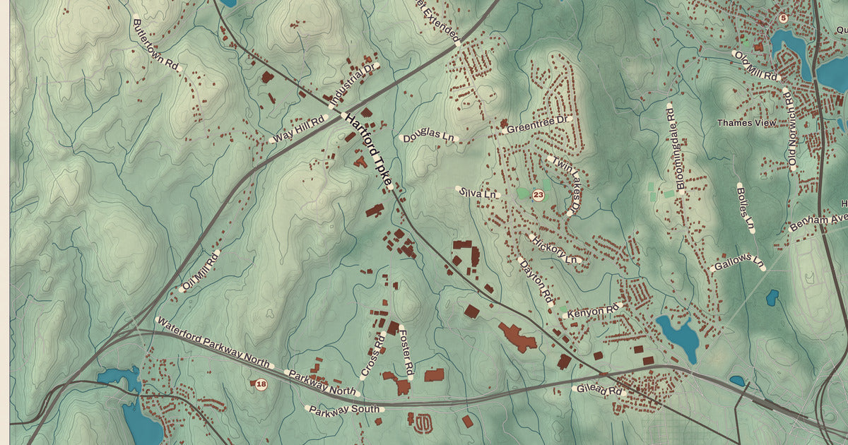 Detailed close-up of the KNOWOL map of Waterford, Connecticut