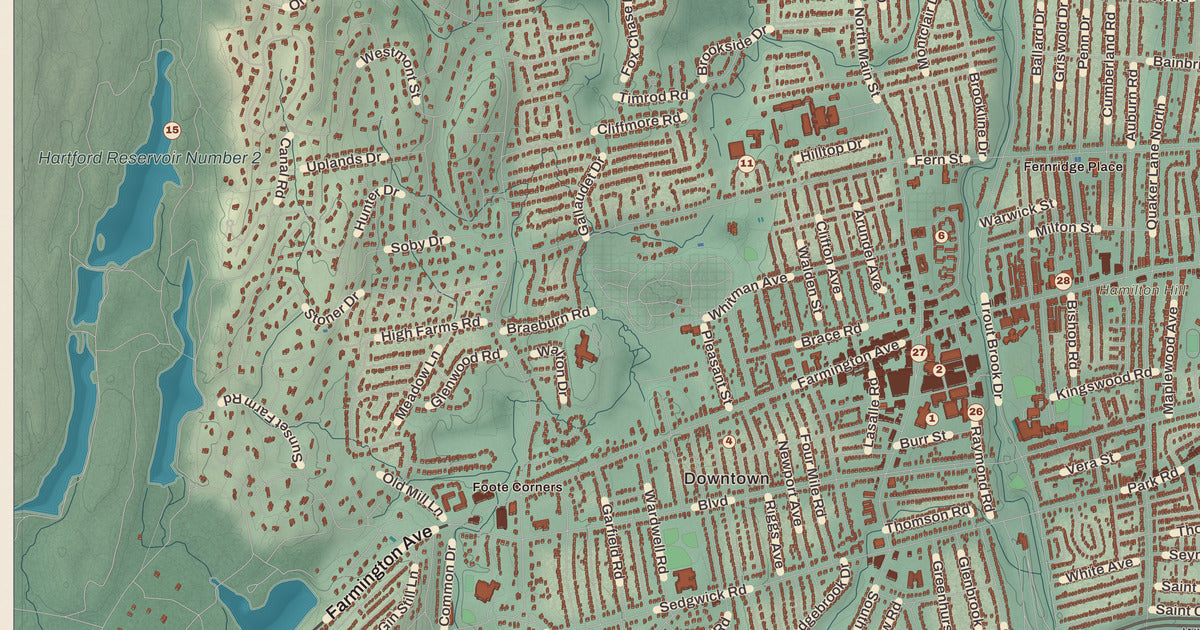 Detailed close-up of the KNOWOL map of West Hartford, Connecticut
