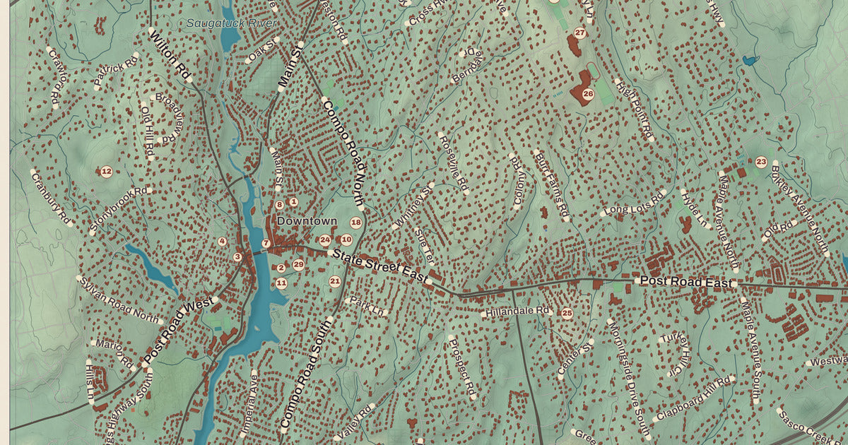 Detailed close-up of the KNOWOL map of Westport, Connecticut