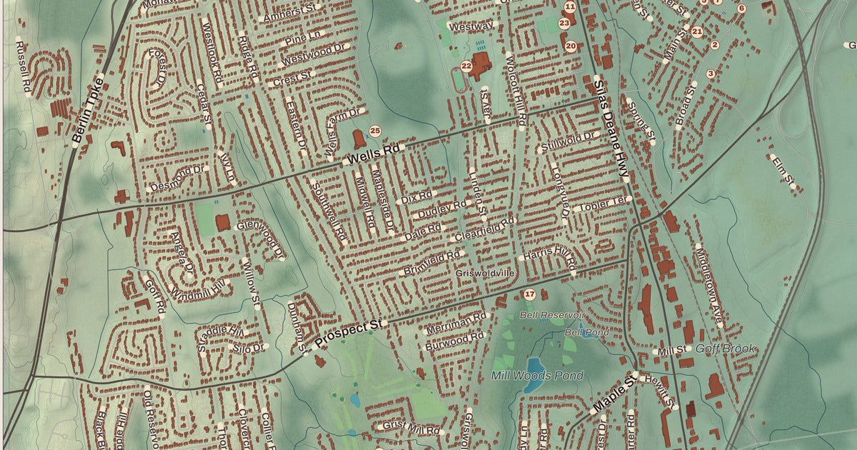 Detailed close-up of the KNOWOL map of Wethersfield, Connecticut