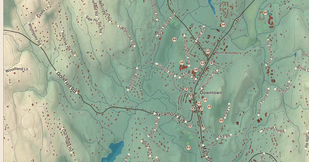 Detailed close-up of the KNOWOL map of Woodbury, Connecticut