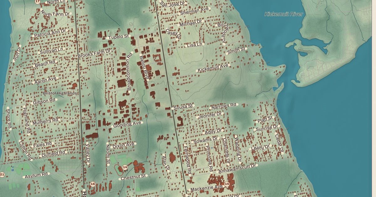 Detailed close-up of the KNOWOL map of Bristol, Rhode Island