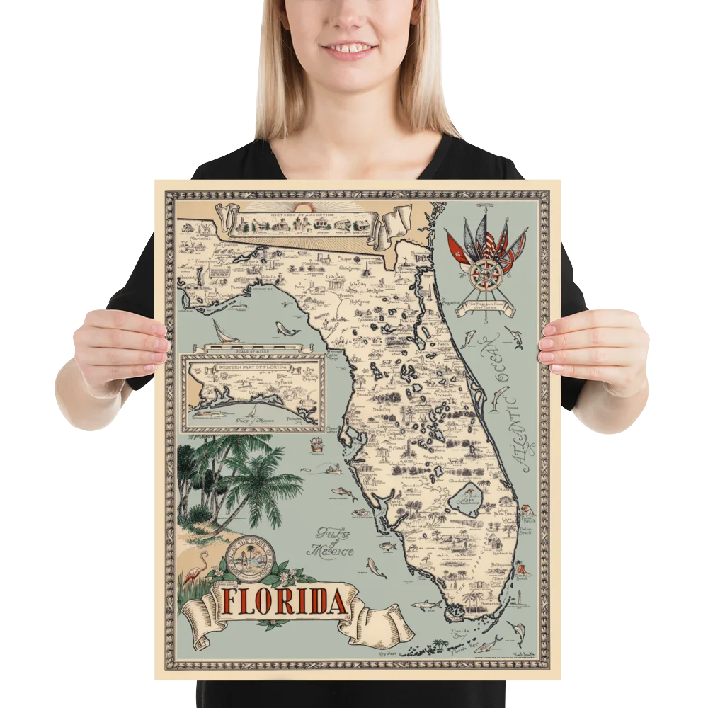Colorful 1953 pictorial map of Florida showing illustrated towns, citrus groves, wildlife, palm trees, and coastlines with the state seal and a compass rose.