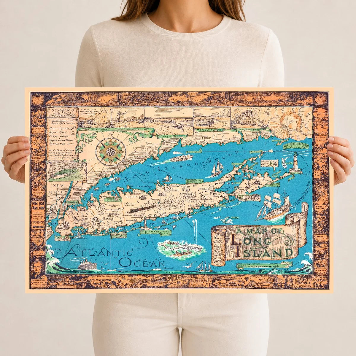 Colorful 1933 pictorial map of Long Island, New York, showing villages, lighthouses, ships, and ornamental border vignettes.