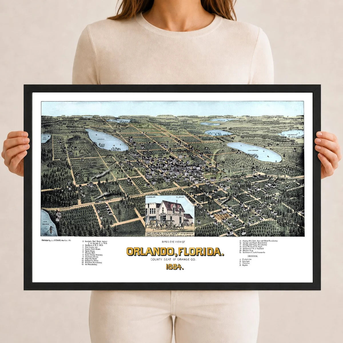 Vintage Map of Orlando Florida from 1884 restored and colorized by KNOWOL