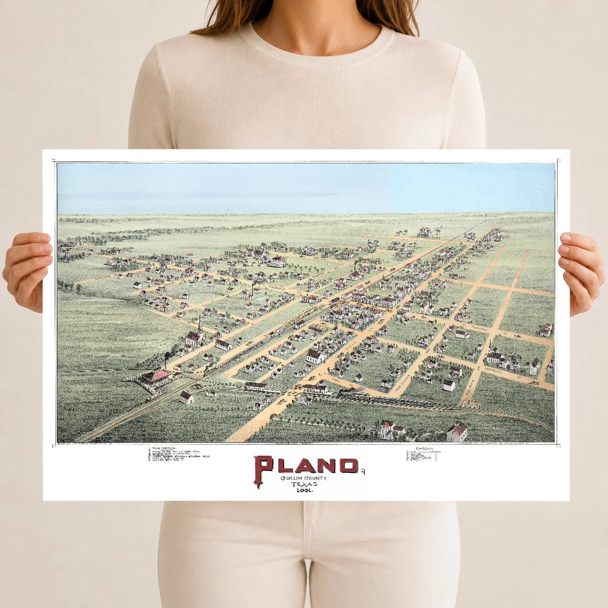 Hand-colored 1891 bird's-eye view map of Plano, Texas showing streets, railroads, churches, and homes on the prairie.