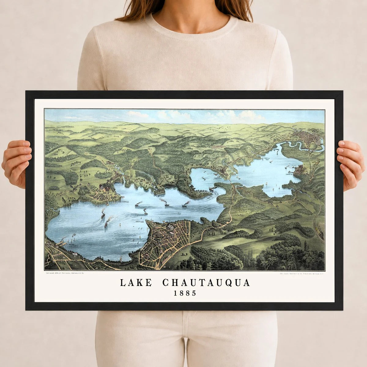 Vintage Map of Lake Chautauqua from 1885 restored and colorized by KNOWOL