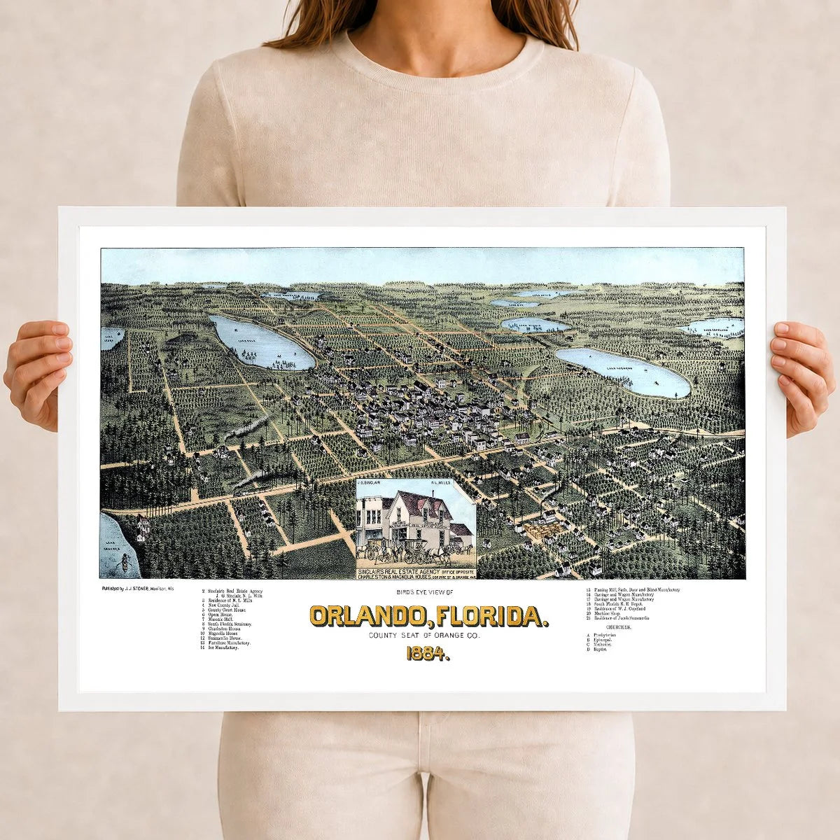 Vintage Map of Orlando Florida from 1884 restored and colorized by KNOWOL