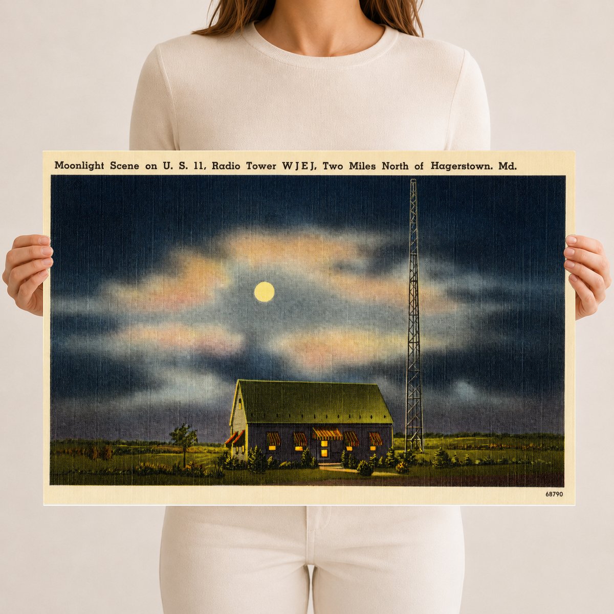 Moonlight scene on U.S. 11, radio tower W J E J. Two miles north of Hagerstown, MD — Vintage Maryland Postcard