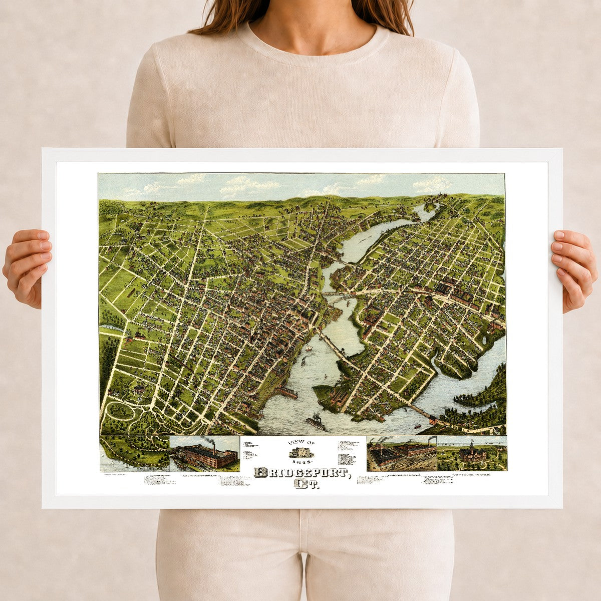 Restored 1875 bird's-eye map of Bridgeport, Connecticut showing the Pequonnock River, the harbor, East Bridgeport, Seaside Park and P.T. Barnum's Waldemere.