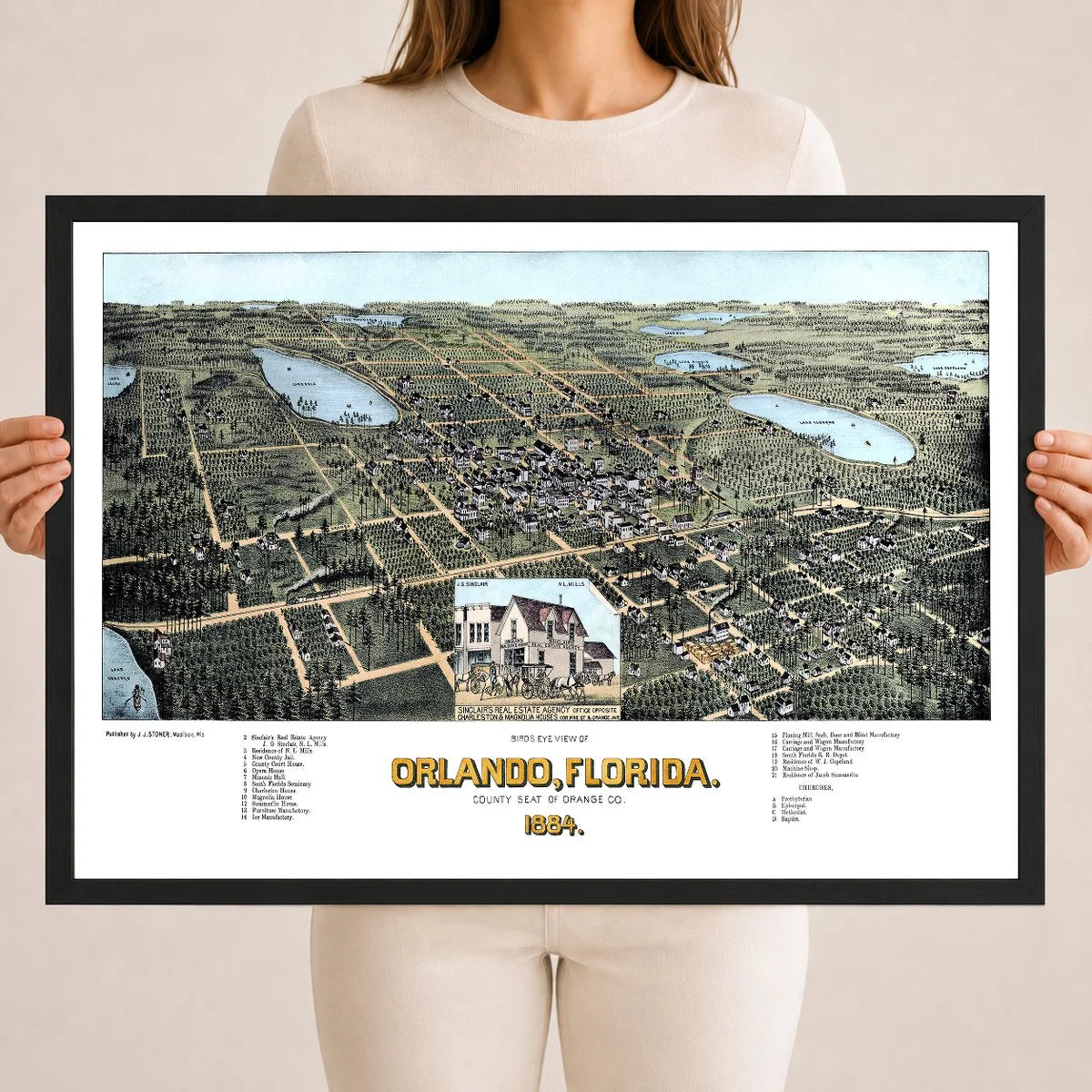 Vintage Map of Orlando Florida from 1884 restored and colorized by KNOWOL