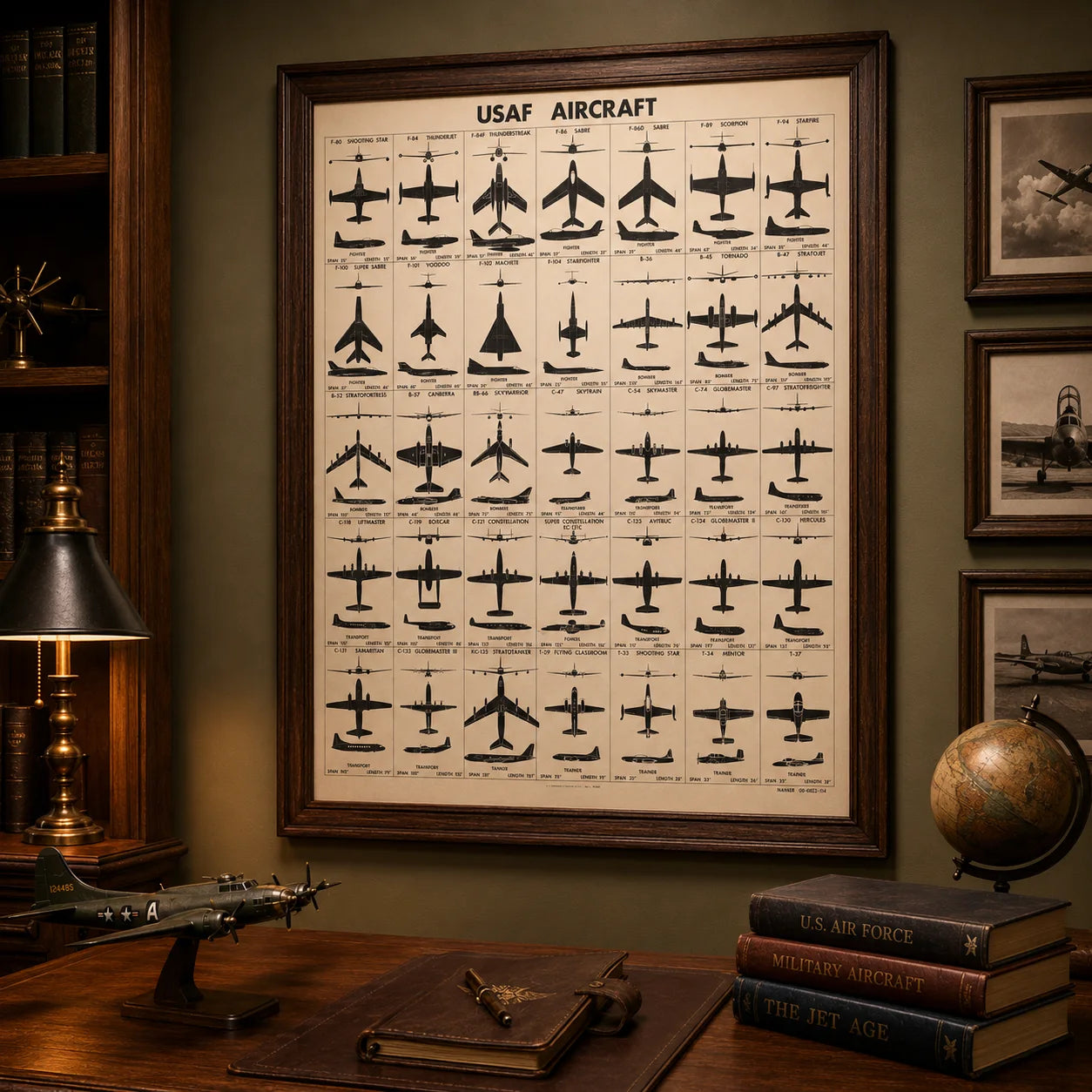 Restored circa 1956 USAF aircraft identification poster showing fighter, bomber, transport, tanker, trainer, and patrol aircraft silhouettes with wingspan and length details.