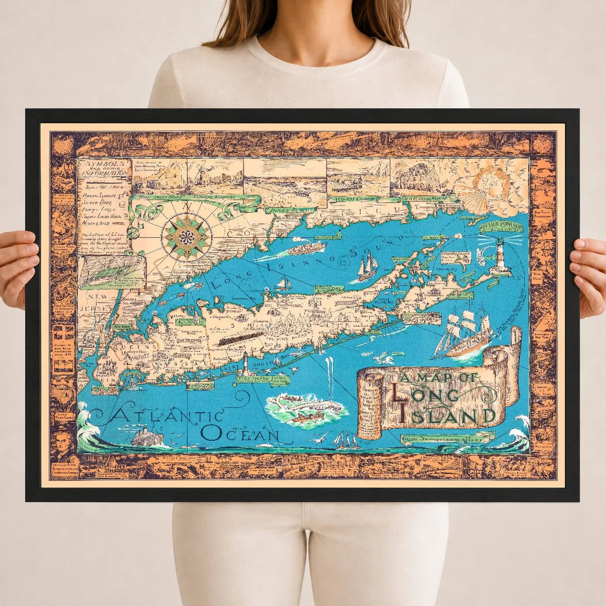 Colorful 1933 pictorial map of Long Island, New York, showing villages, lighthouses, ships, and ornamental border vignettes.