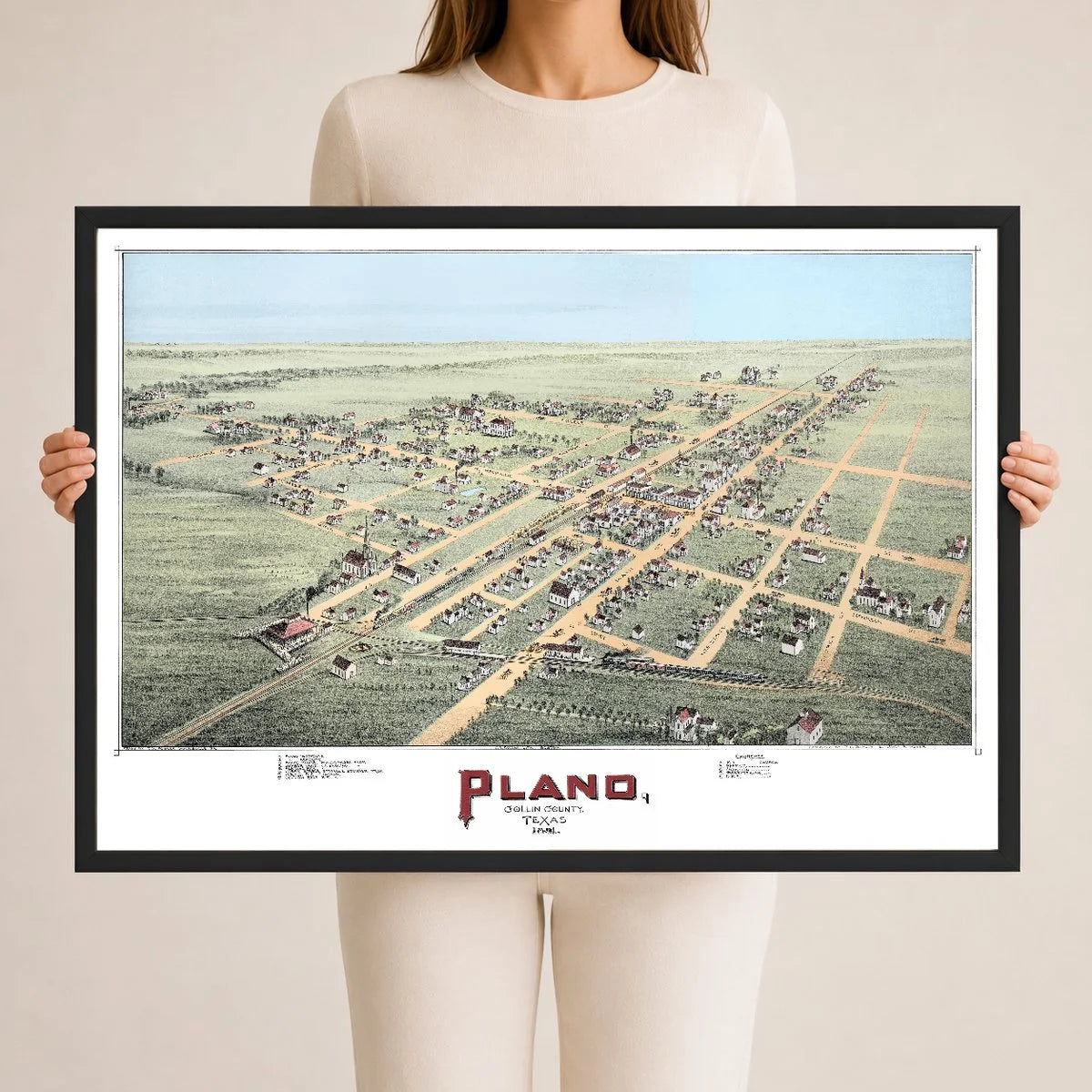 Hand-colored 1891 bird's-eye view map of Plano, Texas showing streets, railroads, churches, and homes on the prairie.