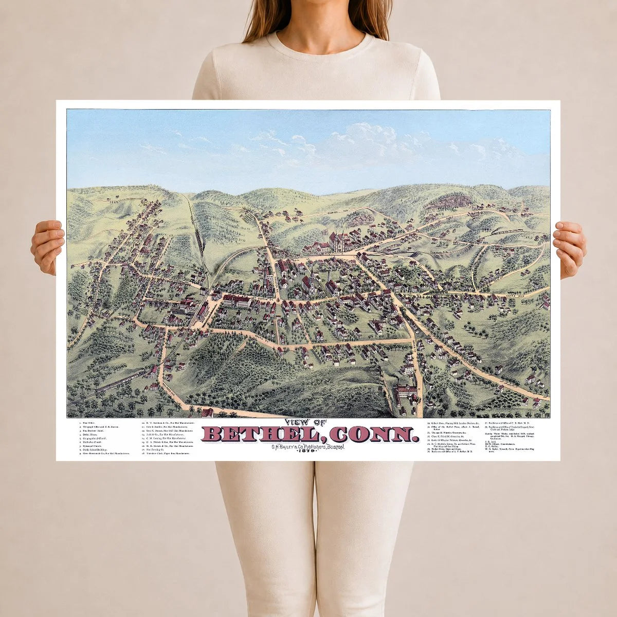 Restored and colorized 1879 bird’s-eye view map of Bethel, Connecticut by O.H. Bailey, showing historic streets, railroads, churches, factories, homes, and landmarks.