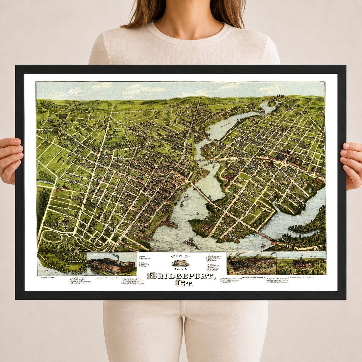Restored 1875 bird's-eye map of Bridgeport, Connecticut showing the Pequonnock River, the harbor, East Bridgeport, Seaside Park and P.T. Barnum's Waldemere.