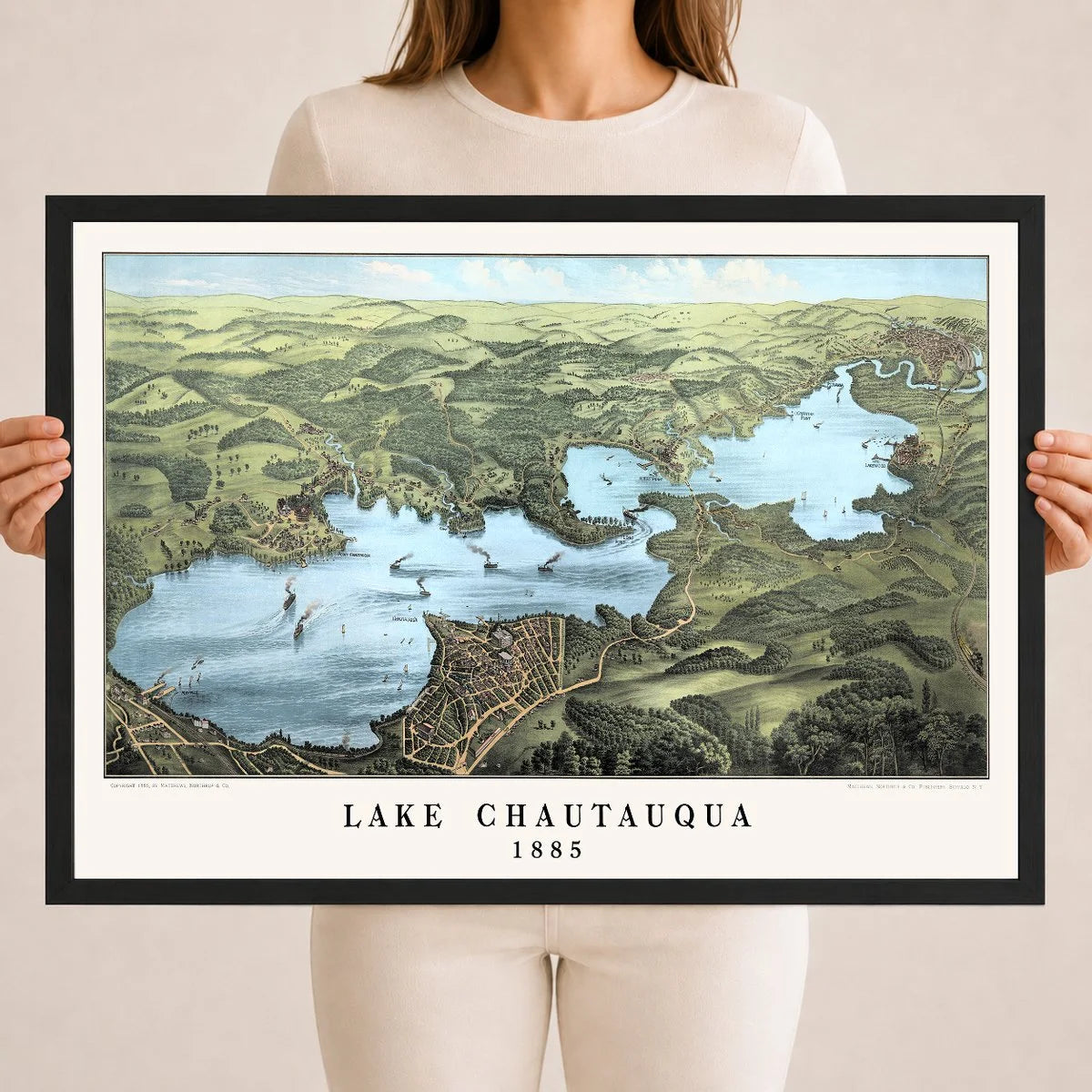 Vintage Map of Lake Chautauqua from 1885 restored and colorized by KNOWOL