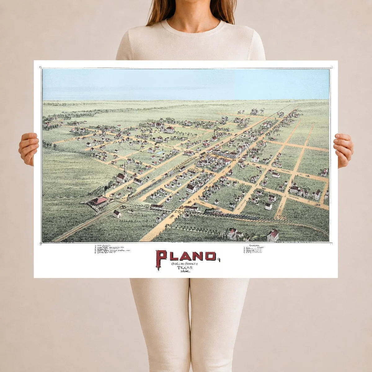 Hand-colored 1891 bird's-eye view map of Plano, Texas showing streets, railroads, churches, and homes on the prairie.