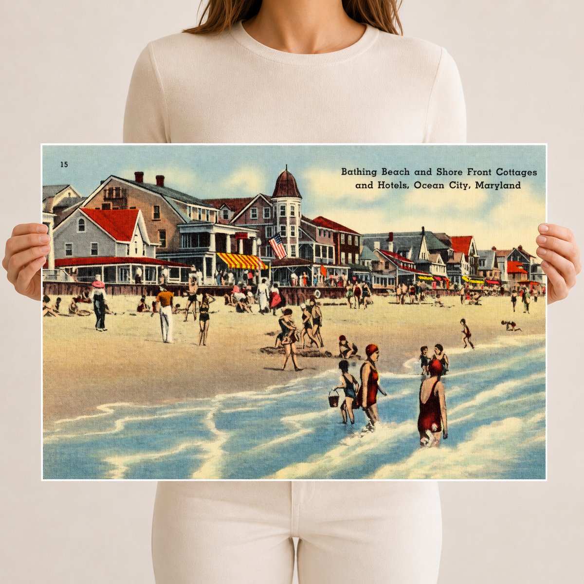Bathing Beach and shore front cottages and hotels, Ocean City, Maryland — Vintage Maryland Postcard