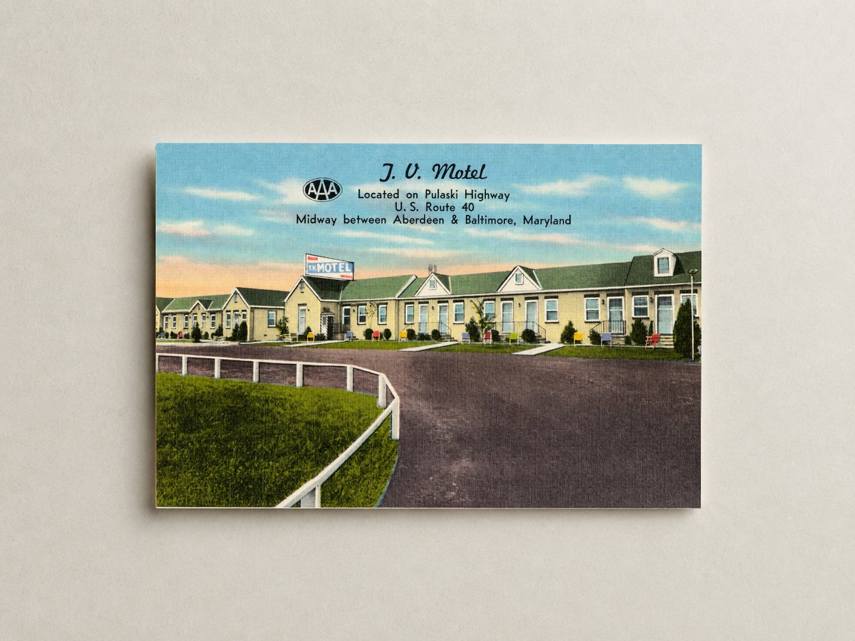 J. V. Motel, located on Pulaski Highway, U. S. Route 40 midway between Aberdeen & Baltimore, Maryland — Vintage Maryland Postcard