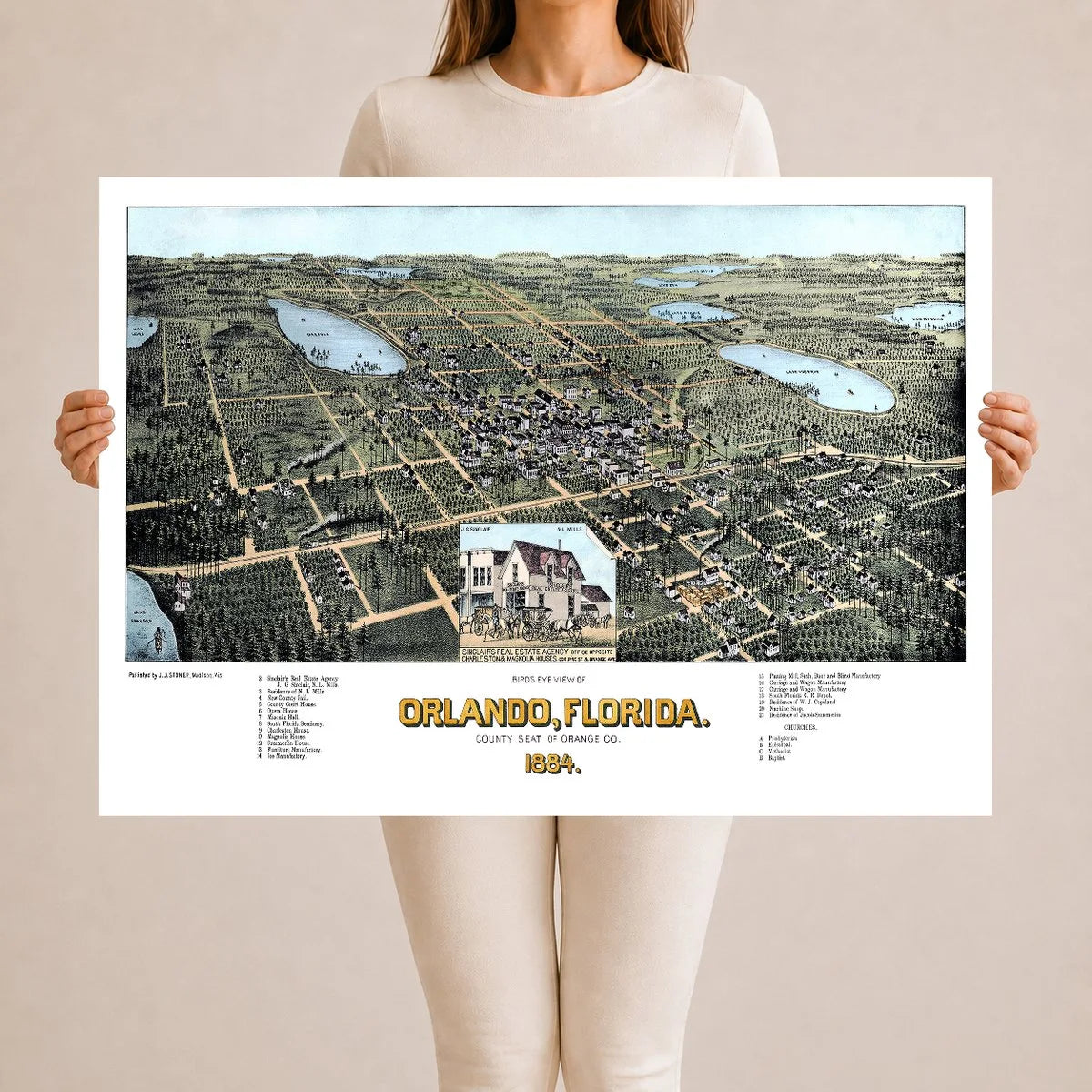 Vintage Map of Orlando Florida from 1884 restored and colorized by KNOWOL