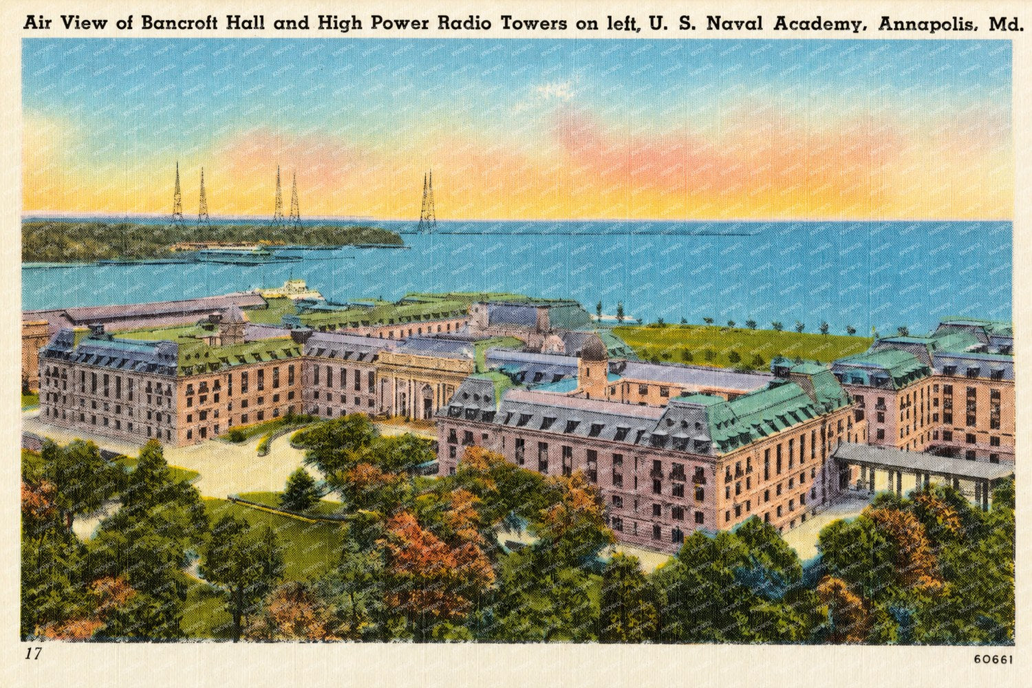 Air view of Bancroft Hall and high power radio towers at left, U. S. Naval Academy, Annapolis, MD — Vintage Maryland Postcard
