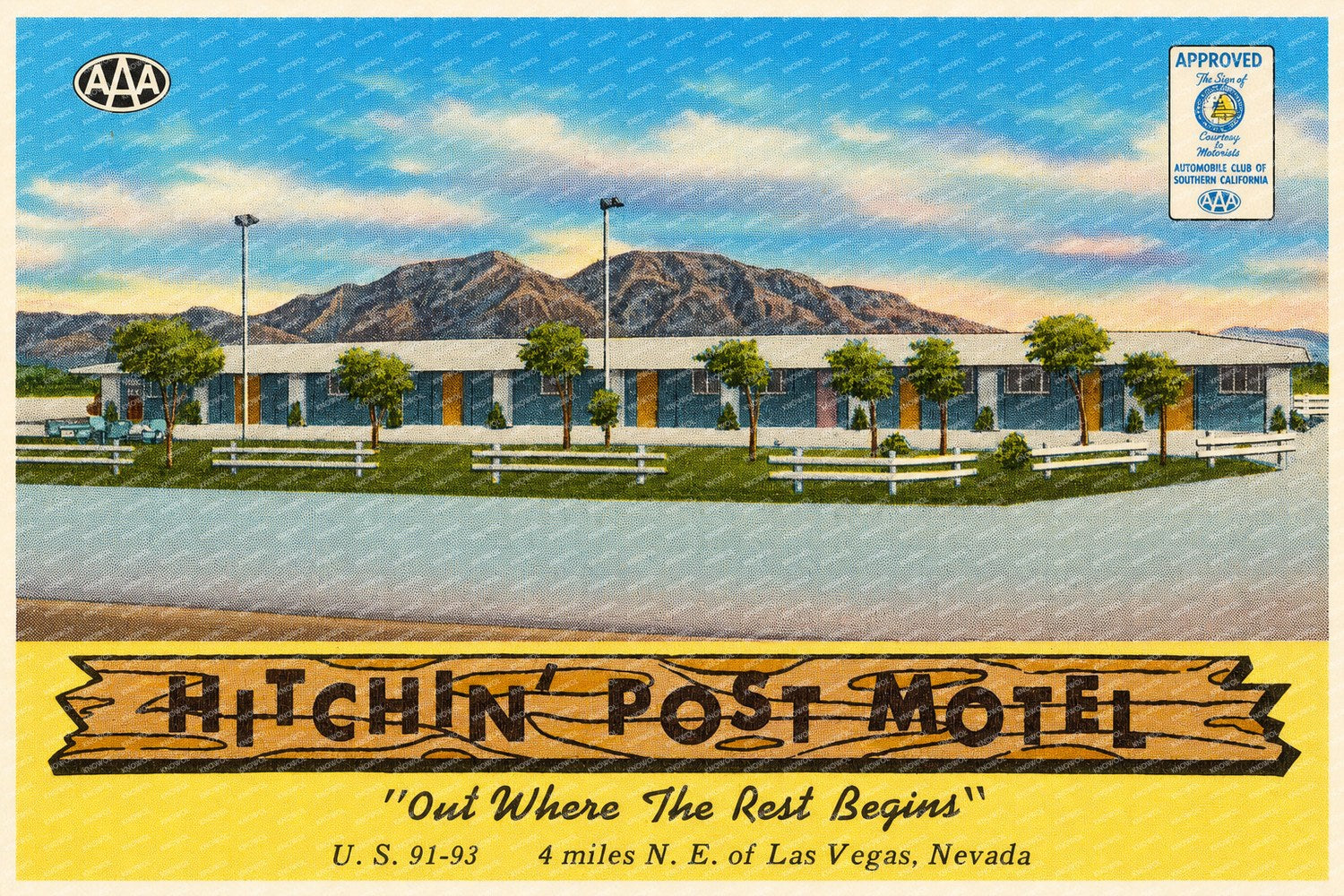 Las Vegas, NV: Hitchin' Post Motel, "Out where the best begins," U.S. 91 - 93, 4 miles N. E. of Las Vegas