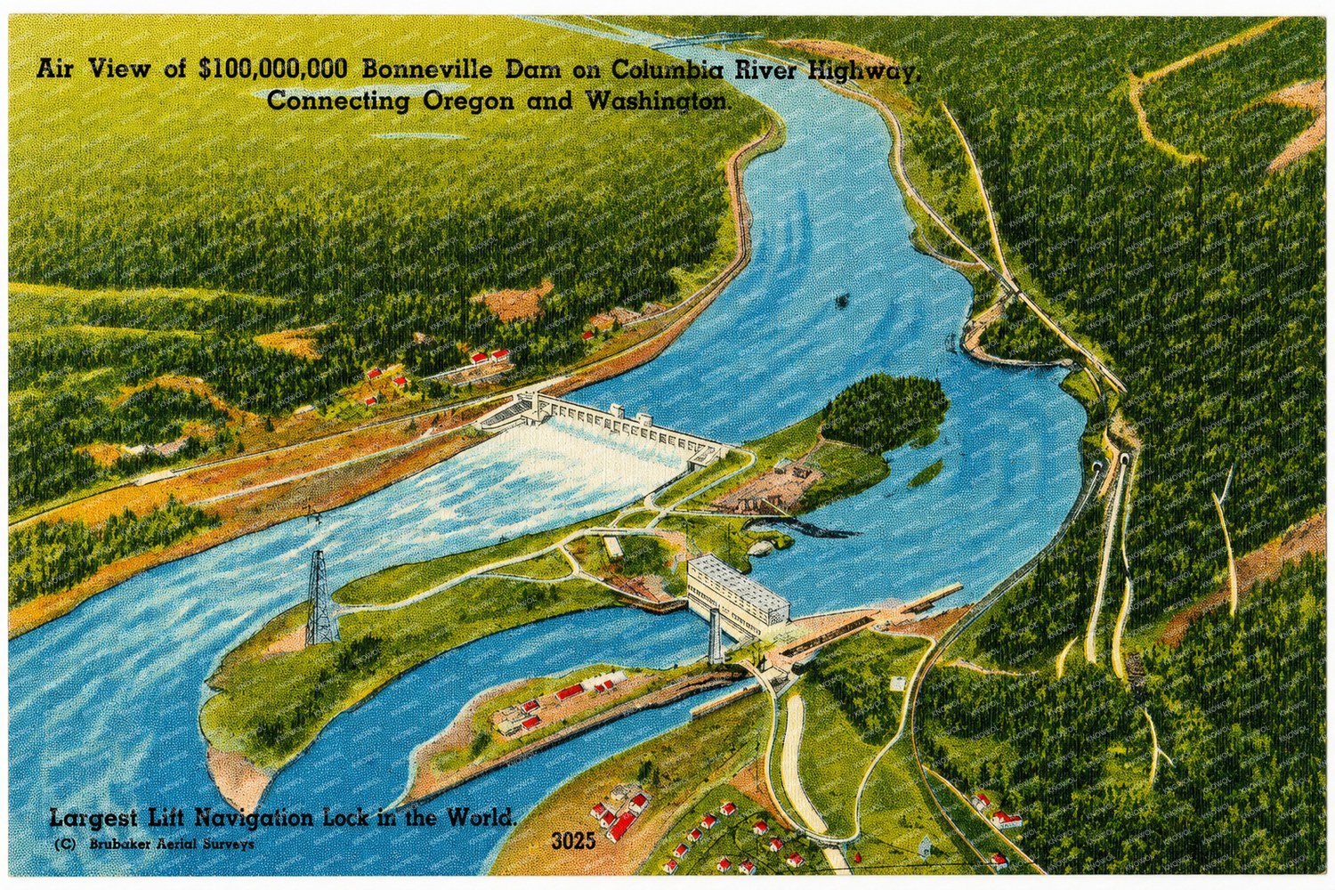 Bonneville Dam, WA: Air view of $100,000,000 Bonneville Dam on Columbia River Highway, connecting Oregon and Washington, largest lift navigation lock in the world