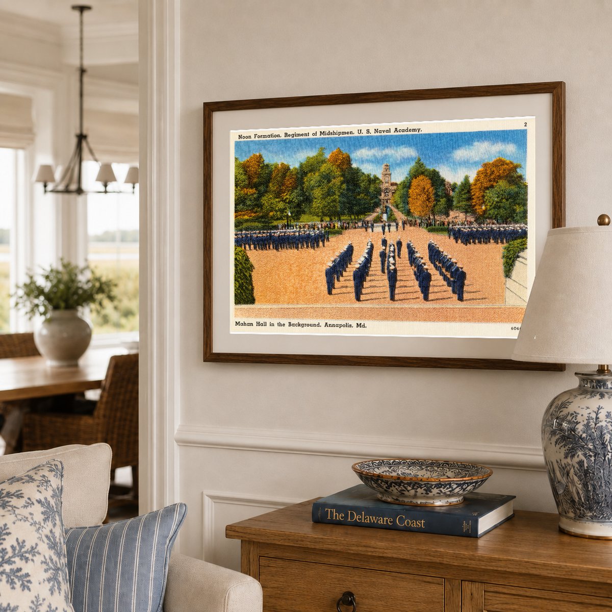 Noon formation, regiment of Midshipmen, U. S. Naval Academy, Mahan Hall in background, Annapolis, MD — Vintage Maryland Postcard