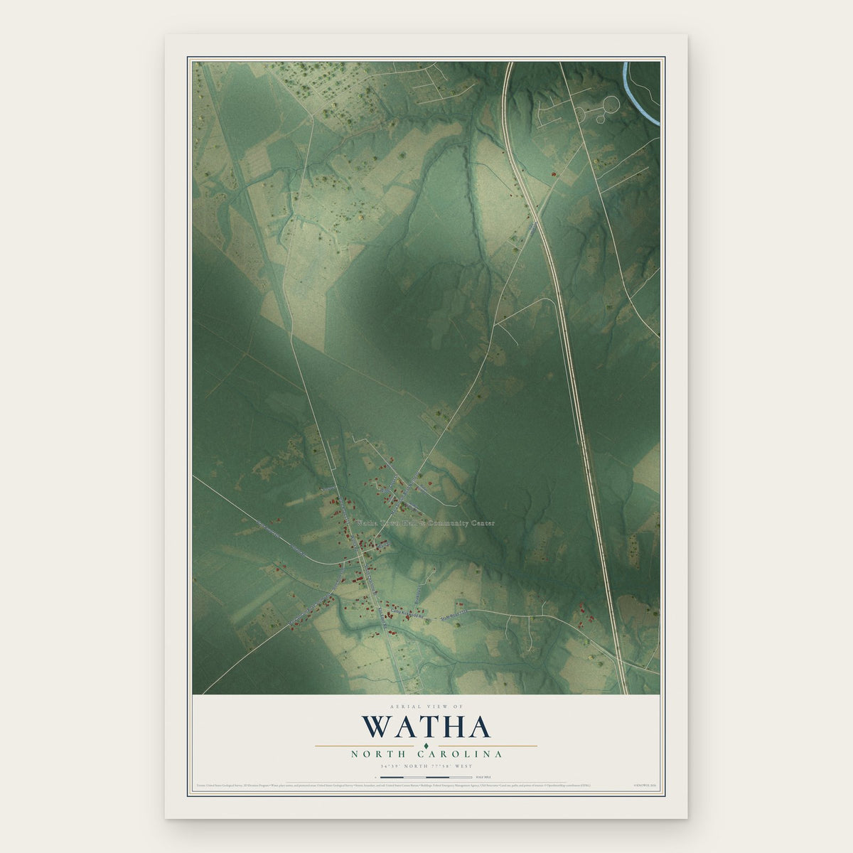 Watha, North Carolina map print, the full design