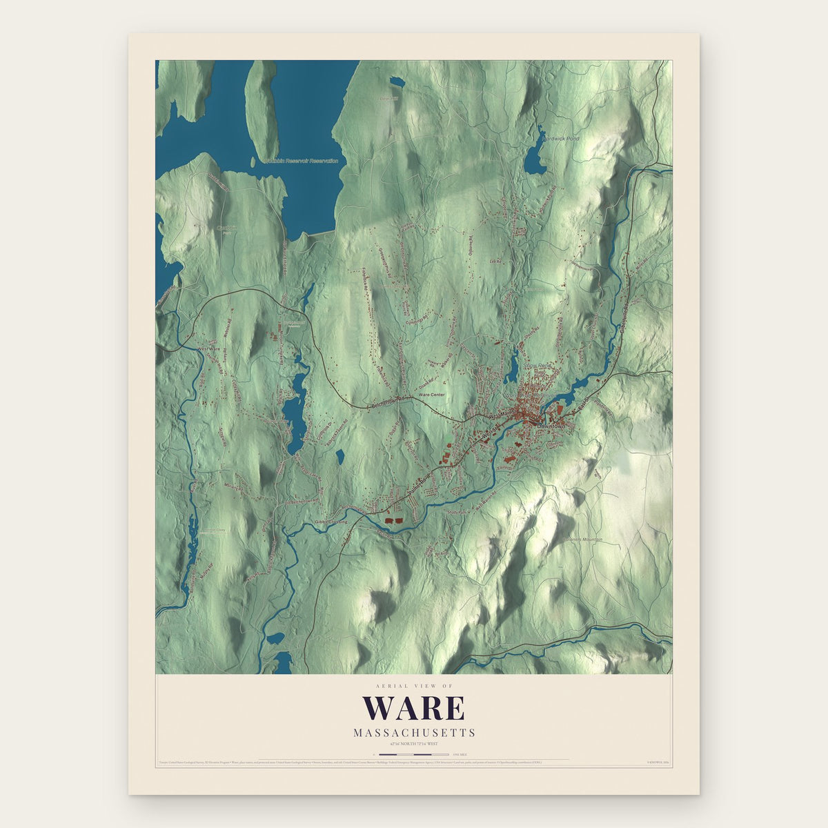 Ware, Massachusetts map print, the full design